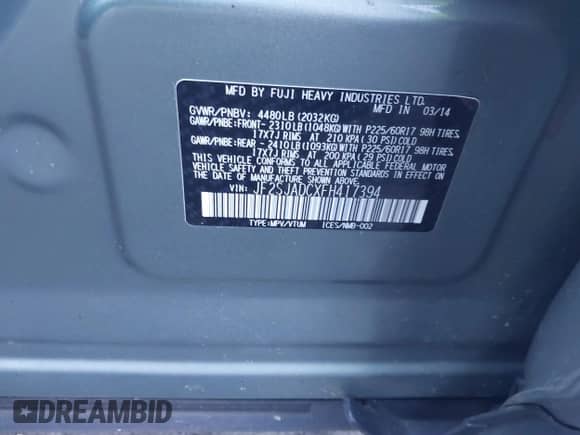 2015 Subaru Forester Premium z VIN JF2SJADCXFH417394, wystawiony jako IAAI lot #43498162 z przebiegiem 258 332 mil mil oraz . Historia ofert i sprzedaży dostępna na DreamBid. Obrazek 9.