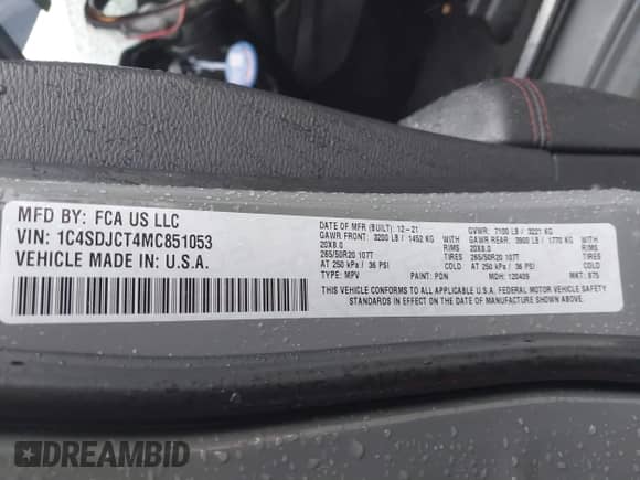 2021 Dodge Durango R/T with VIN 1C4SDJCT4MC851053, listed as a IAAI auction lot 41480432 with 48,999 mi miles and . Bid and sale history available at DreamBid. Image 9.