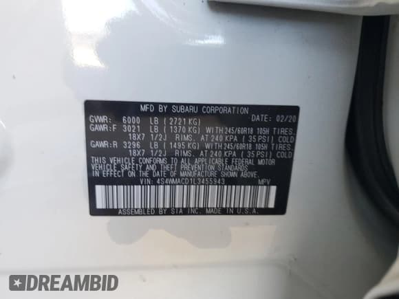 ✅ 2020 Subaru Ascent Premium • VIN: 4S4WMACD1L3455943 • Lot: 82532925. Listed on Copart with 64,973 mi. Free auction sales archive from the USA and detailed vehicle history report at DreamBid. Image 12.