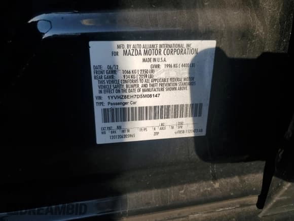 ✅ 2013 Mazda 6 i Touring Plus • VIN: 1YVHZ8EH7D5M08147 • Лот: 69411345. Опубликован ранее на Copart с пробегом 200 814 миль. Бесплатный доступ к архиву аукционных продаж из США и подробный отчёт об истории автомобиля на DreamBid. Изображение 12.