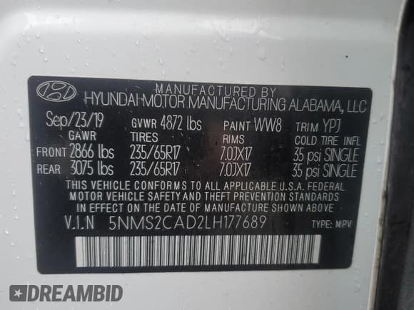 ✅ 2020 Hyundai Santa Fe SE • VIN: 5NMS2CAD2LH177689 • Lot: 89919775. Wystawiony na Copart z przebiegiem 119 620 mil. Bezpłatny archiwum sprzedaży aukcyjnych z USA i szczegółowy raport historii pojazdu na DreamBid. Zdjęcie 12.