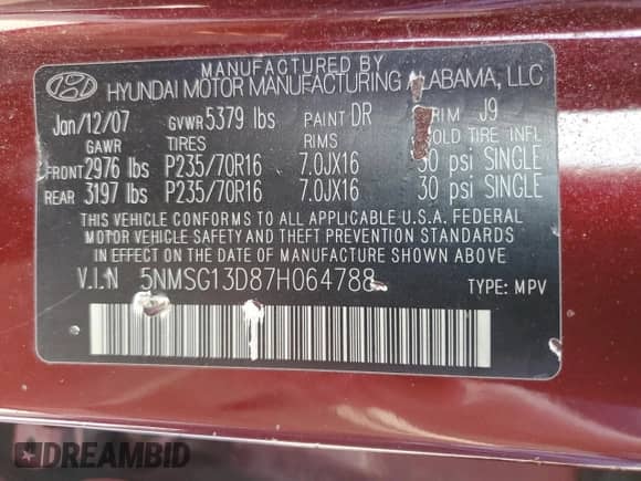 2007 Hyundai Santa Fe GLS z VIN 5NMSG13D87H064788, wystawiony jako Copart lot #68860954 z przebiegiem 193 509 mil mil oraz Nie do naprawy • Non repairable. Historia ofert i sprzedaży dostępna na DreamBid. Obrazek 13.