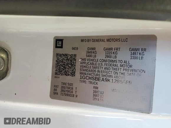 ✅ 2019 Chevrolet Colorado 2WD Work Truck • VIN: 1GCHSBEA9K1285689 • Lot: 75997304. Listed on Copart with Not provided. Free auction sales archive from the USA and detailed vehicle history report at DreamBid. Image 13.