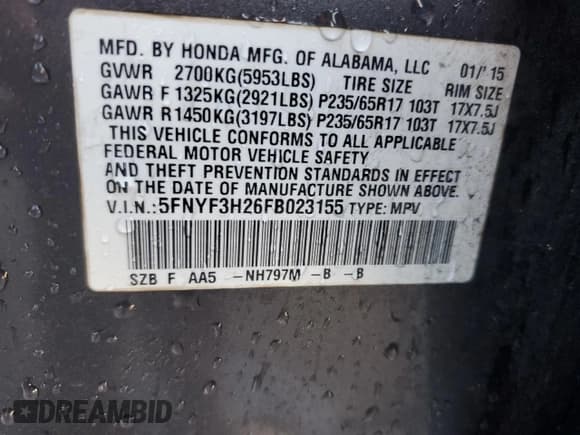 ✅ 2015 Honda Pilot LX • VIN: 5FNYF3H26FB023155 • Lot: 89614705. Listed on Copart with 196,260 mi. Free auction sales archive from the USA and detailed vehicle history report at DreamBid. Image 13.