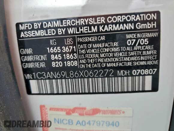 ✅ 2006 Chrysler Crossfire Limited • VIN: 1C3AN69L86X062272 • Lot: 95992305. Listed on Copart with 126,432 mi. Free auction sales archive from the USA and detailed vehicle history report at DreamBid. Image 12.