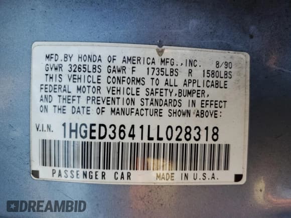 ✅ 1990 Honda Civic DX • VIN: 1HGED3641LL028318 • Lot: 77113314. Wystawiony na Copart z przebiegiem 122 144 mil. Bezpłatny archiwum sprzedaży aukcyjnych z USA i szczegółowy raport historii pojazdu na DreamBid. Zdjęcie 12.