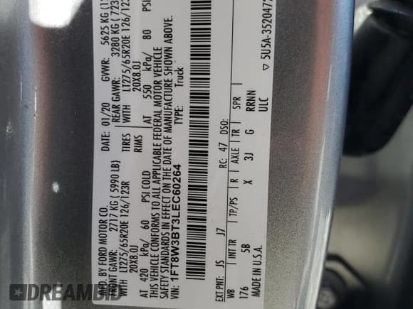 ✅ 2020 Ford F-350 XL • VIN: 1FT8W3BT3LEC60264 • Лот: 53106025. Опубликован ранее на Copart с пробегом 59 140 миль. Бесплатный доступ к архиву аукционных продаж из США и подробный отчёт об истории автомобиля на DreamBid. Изображение 13.