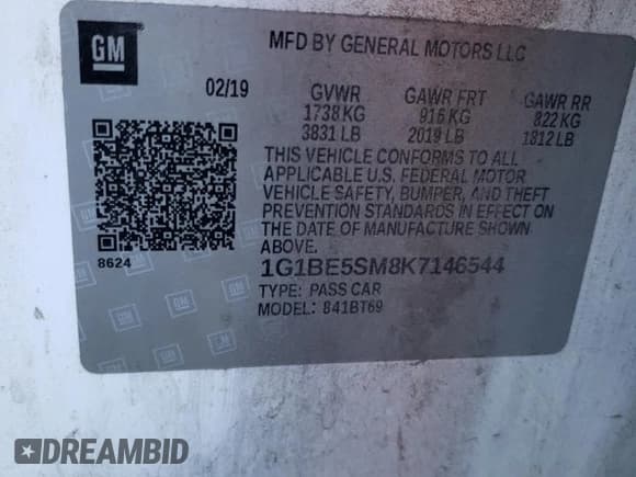 ✅ 2019 Chevrolet Cruze LT • VIN: 1G1BE5SM8K7146544 • Lot: 67289862. Listed on Copart with 99,716 mi. Free auction sales archive from the USA and detailed vehicle history report at DreamBid. Image 12.