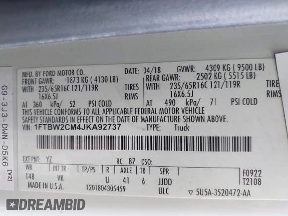 ✅ 2018 Ford Transit • VIN: 1FTBW2CM4JKA92737 • Lot: 42410952. Listed on IAAI with 79,856 mi. Free auction sales archive from the USA and detailed vehicle history report at DreamBid. Image 9.