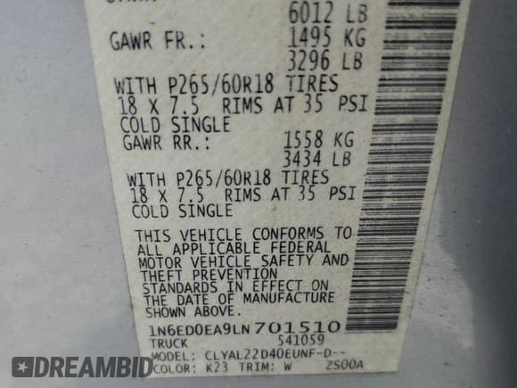 ✅ 2020 Nissan Frontier SV • VIN: 1N6ED0EA9LN701510 • Lot: 57485885. Listed on Copart with 40,077 mi. Free auction sales archive from the USA and detailed vehicle history report at DreamBid. Image 12.