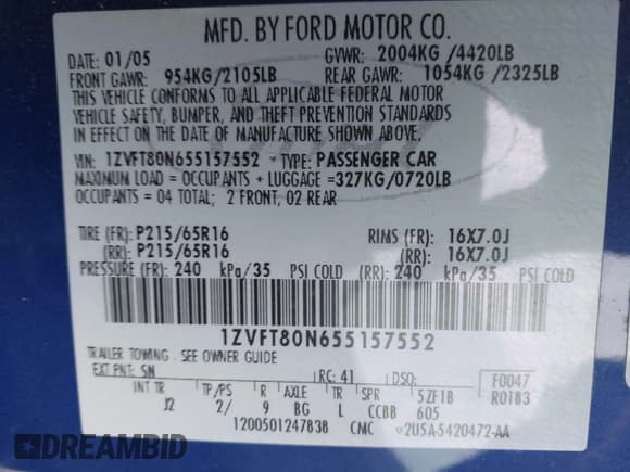 ✅ 2005 Ford Mustang Deluxe • VIN: 1ZVFT80N655157552 • Лот: 43842175. Опубликован ранее на IAAI с пробегом Не указан. Бесплатный доступ к архиву аукционных продаж из США и подробный отчёт об истории автомобиля на DreamBid. Изображение 9.