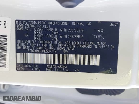 ✅ 2021 Toyota Highlander Hybrid LE • VIN: 5TDZARAH3MS507748 • Lot: 41580735. Listed on IAAI with 52,696 mi. Free auction sales archive from the USA and detailed vehicle history report at DreamBid. Image 9.