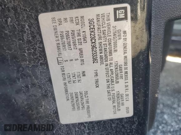 ✅ 2009 Chevrolet Silverado 1500 LT • VIN: 3GCEK23CX9G233362 • Lot: 91557125. Listed on Copart with 171,741 mi. Free auction sales archive from the USA and detailed vehicle history report at DreamBid. Image 12.