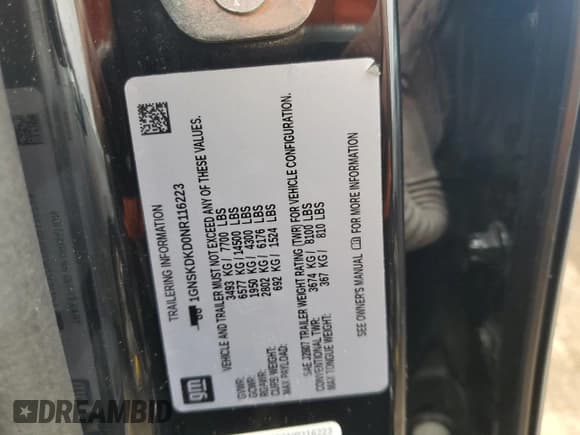 ✅ 2022 Chevrolet Suburban Z71 • VIN: 1GNSKDKD0NR116223 • Lot: 69058474. Wystawiony na Copart z przebiegiem 42 492 mil. Bezpłatny archiwum sprzedaży aukcyjnych z USA i szczegółowy raport historii pojazdu na DreamBid. Zdjęcie 12.