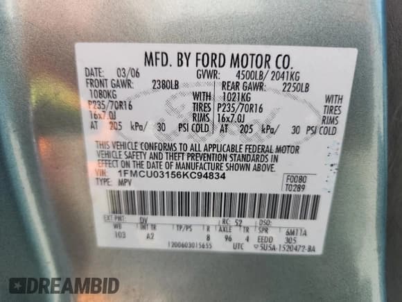 ✅ 2006 Ford Escape XLT • VIN: 1FMCU03156KC94834 • Lot: 84068645. Wystawiony na Copart z przebiegiem 171 004 mil. Bezpłatny archiwum sprzedaży aukcyjnych z USA i szczegółowy raport historii pojazdu na DreamBid. Zdjęcie 13.