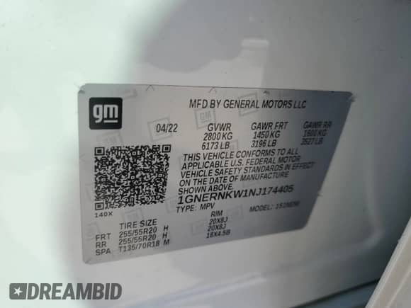 2022 Chevrolet Traverse High Country z VIN 1GNERNKW1NJ174405, wystawiony jako Copart lot #55285865 z przebiegiem 257 205 mil mil oraz Nie do naprawy • Non repairable. Historia ofert i sprzedaży dostępna na DreamBid. Obrazek 13.