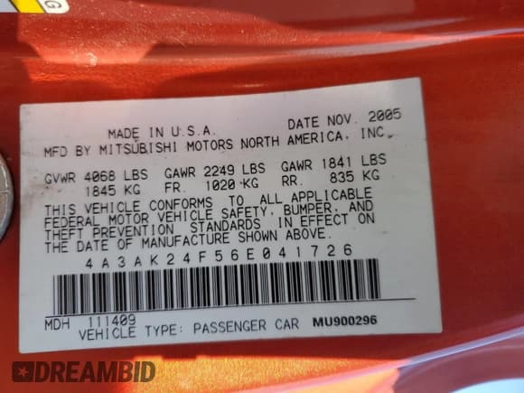 ✅ 2006 Mitsubishi Eclipse GS • VIN: 4A3AK24F56E041726 • Lot: 90743025. Listed on Copart with 150,868 mi. Free auction sales archive from the USA and detailed vehicle history report at DreamBid. Image 13.