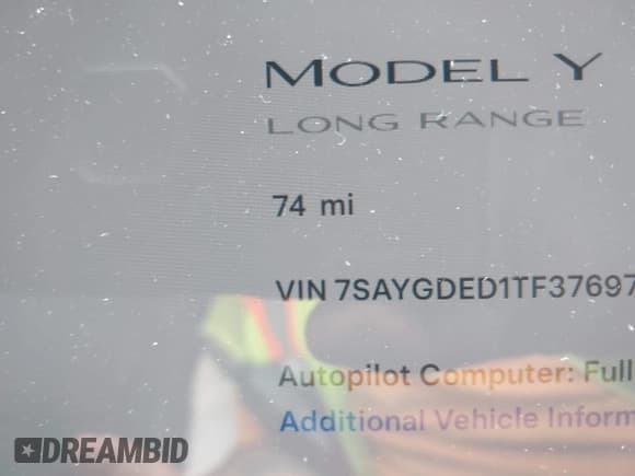 ✅ 2026 Tesla Model Y Long Range • VIN: 7SAYGDED1TF376975 • Lot: 42705026. Listed on IAAI with 74 mi. Free auction sales archive from the USA and detailed vehicle history report at DreamBid. Image 7.