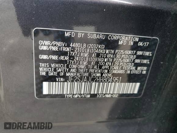 2017 Subaru Forester Limited with VIN JF2SJAJC2HH804951, listed as a Copart auction lot 81412985 with 221,177 mi miles and Salvage title. Bid and sale history available at DreamBid. Image 12.
