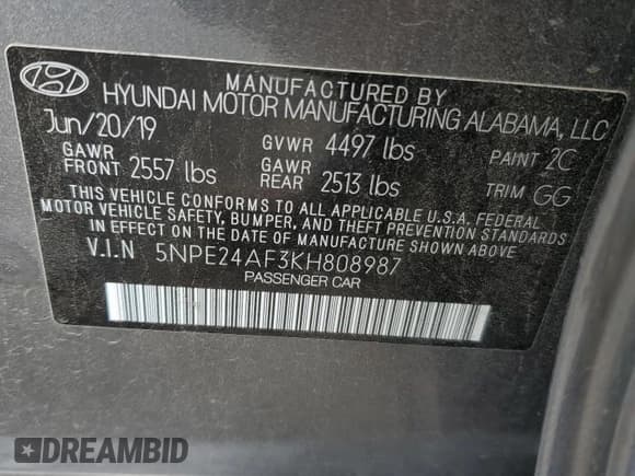 ✅ 2019 Hyundai Sonata SE • VIN: 5NPE24AF3KH808987 • Lot: 50166233. Listed on Copart with 37,642 mi. Free auction sales archive from the USA and detailed vehicle history report at DreamBid. Image 14.