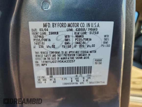 ✅ 2005 Ford Escape XLT • VIN: 1FMYU03195KA33257 • Lot: 91730555. Listed on Copart with 263,564 mi. Free auction sales archive from the USA and detailed vehicle history report at DreamBid. Image 13.