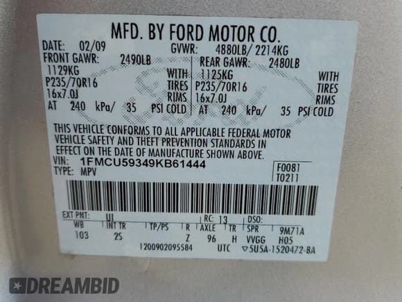 ✅ 2009 Ford Escape Hybrid • VIN: 1FMCU59349KB61444 • Lot: 82346514. Listed on Copart with 119,578 mi. Free auction sales archive from the USA and detailed vehicle history report at DreamBid. Image 13.