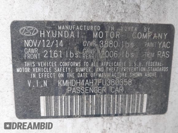 ✅ 2015 Hyundai Elantra Sport • VIN: KMHDH4AH7FU380358 • Lot: 42199758. Listed on IAAI with 114,348 mi. Free auction sales archive from the USA and detailed vehicle history report at DreamBid. Image 9.