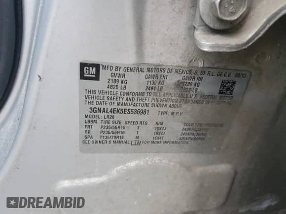 2014 Chevrolet Captiva Sport LTZ с VIN 3GNAL4EK5ES536981, выставлен на аукционе Copart как лот 80026154 с пробегом 94 271 миль миль и Списание • Salvage title. История ставок и продаж доступна на DreamBid. Изображение 15.