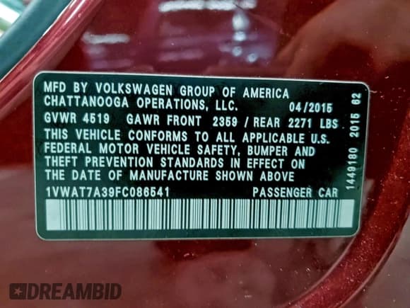 ✅ 2015 Volkswagen Passat S • VIN: 1VWAT7A39FC086541 • Lot: 96803935. Wystawiony na Copart z przebiegiem 146 758 mil. Bezpłatny archiwum sprzedaży aukcyjnych z USA i szczegółowy raport historii pojazdu na DreamBid. Zdjęcie 12.