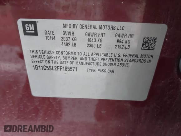 2015 Chevrolet Malibu LT with VIN 1G11C5SL2FF185571, listed as a IAAI auction lot 43256317 with 65,746 mi miles and . Bid and sale history available at DreamBid. Image 9.