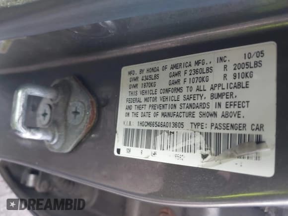 ✅ 2006 Honda Accord EX-L • VIN: 1HGCM66546A013605 • Lot: 43786814. Listed on IAAI with Not provided. Free auction sales archive from the USA and detailed vehicle history report at DreamBid. Image 9.