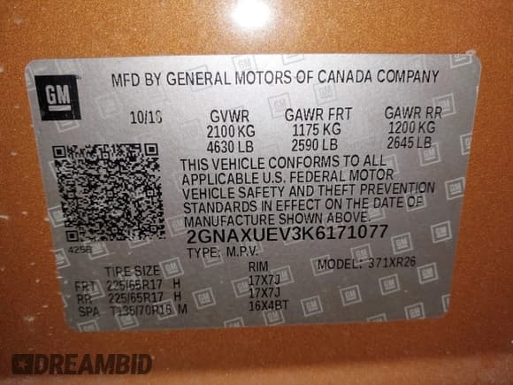 ✅ 2019 Chevrolet Equinox LT • VIN: 2GNAXUEV3K6171077 • Lot: 43381295. Listed on IAAI with 44,971 mi. Free auction sales archive from the USA and detailed vehicle history report at DreamBid. Image 9.