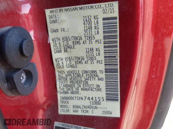 ✅ 2015 Nissan Frontier S • VIN: 1N6BD0CT5FN744155 • Lot: 43747318. Listed on IAAI with 141,839 mi. Free auction sales archive from the USA and detailed vehicle history report at DreamBid. Image 9.