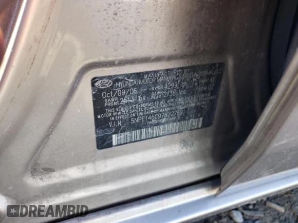 ✅ 2007 Hyundai Sonata GLS • VIN: 5NPET46C97H227691 • Lot: 77639604. Listed on Copart with 106,562 mi. Free auction sales archive from the USA and detailed vehicle history report at DreamBid. Image 12.