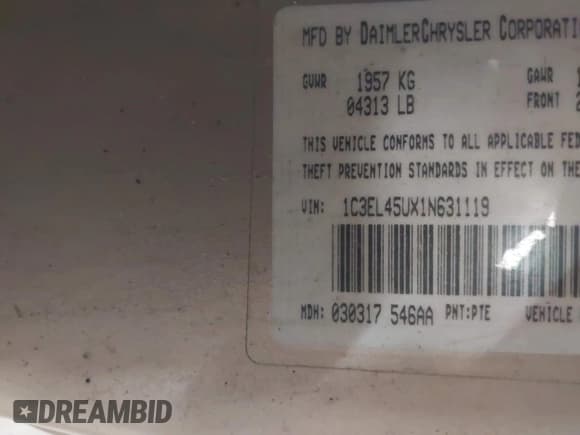 ✅ 2001 Chrysler Sebring • VIN: 1C3EL45UX1N631119 • Lot: 43824716. Listed on IAAI with 185,011 mi. Free auction sales archive from the USA and detailed vehicle history report at DreamBid. Image 9.