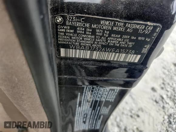 1998 BMW 3 Series 323i with VIN WBABJ7326WEA15738, listed as a Copart auction lot 83758535 with Not provided miles and Salvage title. Bid and sale history available at DreamBid. Image 12.