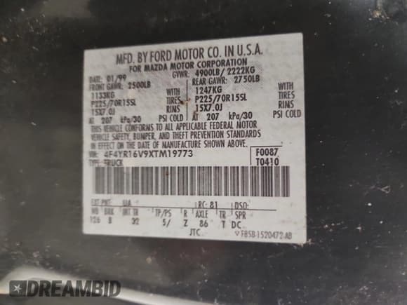 ✅ 1999 Mazda B-Series SE • VIN: 4F4YR16V9XTM19773 • Lot: 90537035. Wystawiony na Copart z przebiegiem 238 246 mil. Bezpłatny archiwum sprzedaży aukcyjnych z USA i szczegółowy raport historii pojazdu na DreamBid. Zdjęcie 12.
