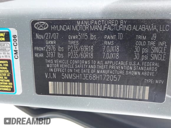 ✅ 2008 Hyundai Santa Fe SE • VIN: 5NMSH13E68H172057 • Lot: 42969887. Wystawiony na IAAI z przebiegiem 208 121 mil. Bezpłatny archiwum sprzedaży aukcyjnych z USA i szczegółowy raport historii pojazdu na DreamBid. Zdjęcie 9.