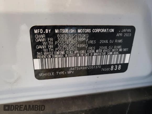 ✅ 2023 Mitsubishi Outlander SEL • VIN: JA4T5VA9XPZ051370 • Lot: 63456595. Listed on Copart with 17,114 mi. Free auction sales archive from the USA and detailed vehicle history report at DreamBid. Image 13.
