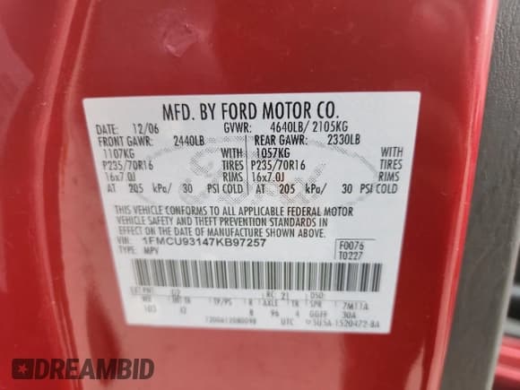 ✅ 2007 Ford Escape XLT • VIN: 1FMCU93147KB97257 • Lot: 69985295. Listed on Copart with 139,153 mi. Free auction sales archive from the USA and detailed vehicle history report at DreamBid. Image 13.