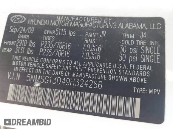 2009 Hyundai Santa Fe GLS with VIN 5NMSG13D49H324266, listed as a IAAI auction lot 43594483 with 125,396 mi miles and . Bid and sale history available at DreamBid. Image 9.