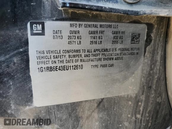 ✅ 2014 Chevrolet Volt • VIN: 1G1RB6E43EU112610 • Лот: 85486475. Опубликован ранее на Copart с пробегом 251 594 миль. Бесплатный доступ к архиву аукционных продаж из США и подробный отчёт об истории автомобиля на DreamBid. Изображение 12.