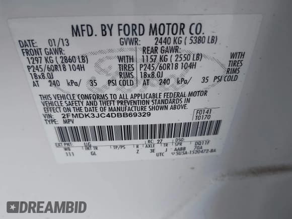 ✅ 2013 Ford Edge SEL • VIN: 2FMDK3JC4DBB69329 • Лот: 43270375. Опубликован ранее на IAAI с пробегом 67 110 миль. Бесплатный доступ к архиву аукционных продаж из США и подробный отчёт об истории автомобиля на DreamBid. Изображение 9.