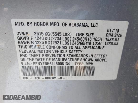 ✅ 2018 Honda Pilot EX-L • VIN: 5FNYF5H61JB008134 • Lot: 42193142. Listed on IAAI with 100,254 mi. Free auction sales archive from the USA and detailed vehicle history report at DreamBid. Image 9.