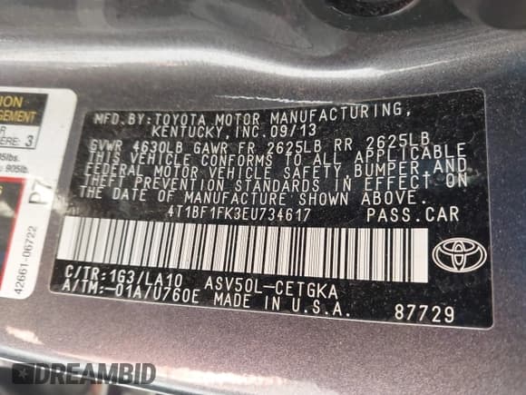 ✅ 2014 Toyota Camry XLE • VIN: 4T1BF1FK3EU734617 • Lot: 43349559. Listed on IAAI with 172,807 mi. Free auction sales archive from the USA and detailed vehicle history report at DreamBid. Image 9.