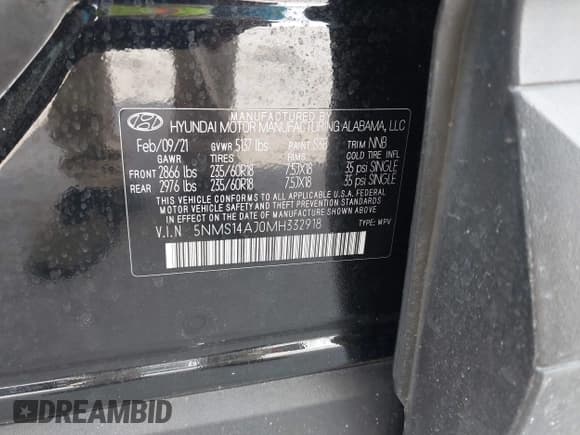 ✅ 2021 Hyundai Santa Fe SE • VIN: 5NMS14AJ0MH332918 • Lot: 42365534. Listed on IAAI with 58,720 mi. Free auction sales archive from the USA and detailed vehicle history report at DreamBid. Image 9.