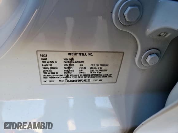 ✅ 2022 Tesla Model Y Performance • VIN: 7SAYGDEF5NF393220 • Lot: 90219035. Listed on Copart with 31,252 mi. Free auction sales archive from the USA and detailed vehicle history report at DreamBid. Image 12.