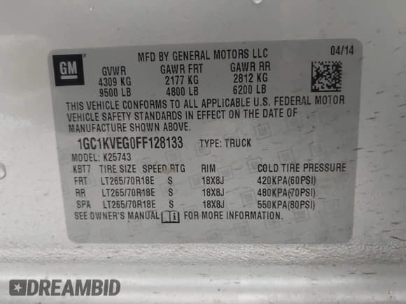 ✅ 2015 Chevrolet Silverado 2500HD LT • VIN: 1GC1KVEG0FF128133 • Lot: 43741035. Listed on IAAI with 47,650 mi. Free auction sales archive from the USA and detailed vehicle history report at DreamBid. Image 9.