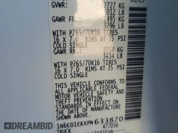 2023 Nissan Frontier SV with VIN 1N6ED1EKXPN633870, listed as a Copart auction lot 82396855 with 23,931 mi miles and Salvage title. Bid and sale history available at DreamBid. Image 12.