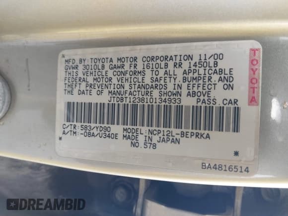 ✅ 2001 Toyota ECHO • VIN: JTDBT123810134933 • Lot: 43709119. Listed on IAAI with 267,239 mi. Free auction sales archive from the USA and detailed vehicle history report at DreamBid. Image 9.